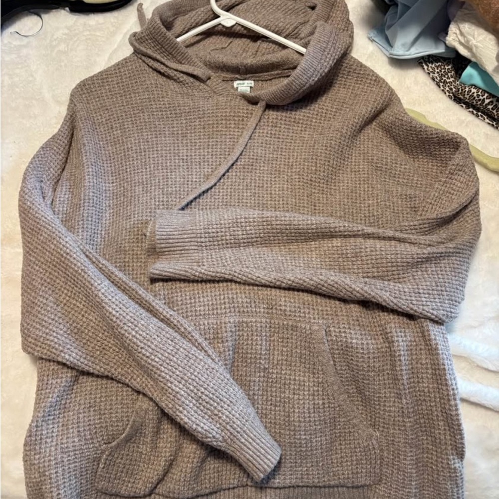 Cozy Waffle-Knit Hooded Sweater - Taupe